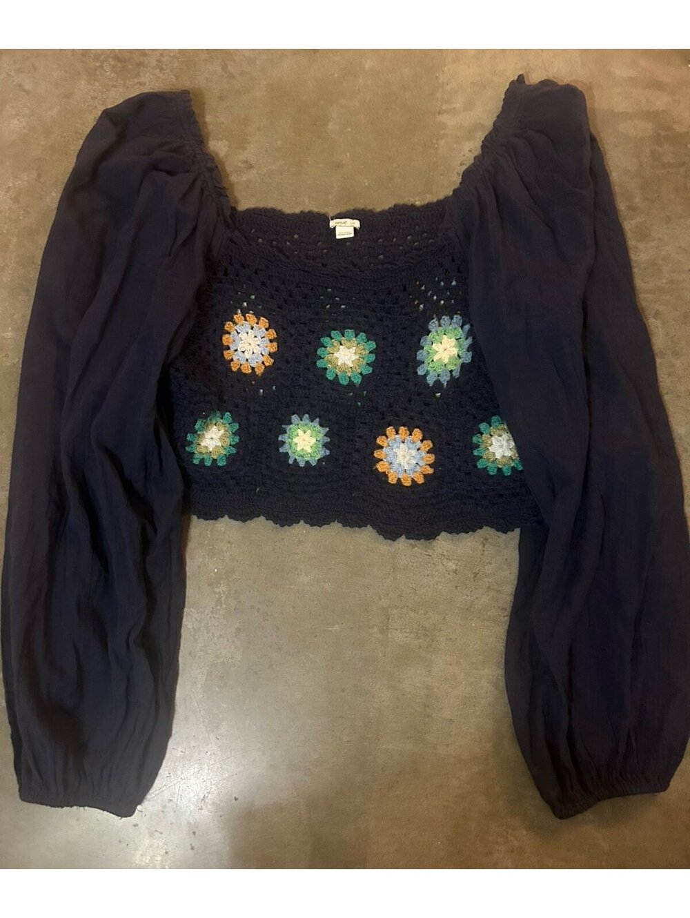 Crocheted Granny Square Top with Navy Blue Bell Sleeves
